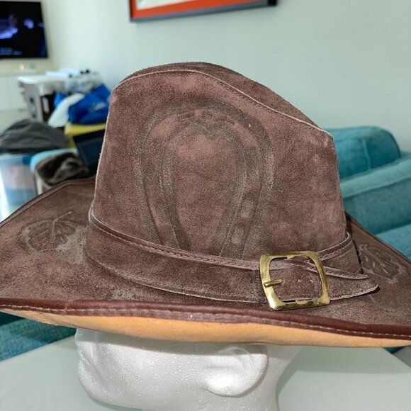 Handmade Vintage Mens Cowboy Hat Stamped Leather Size Small Western Brown Suede - Picture 5 of 13